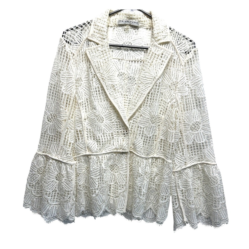 Trina Turk‎ Cream Floral Lace Bell Sleeve Scalloped Blazer Jacket Size 10